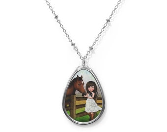 Kate - Oval Necklace - Pendant - Art by Jessica von Braun - Silver chain - Little Cowgirl - Horse Girl - Farm Girl Art