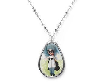 Juno - Oval Necklace - Pendant - Art by Jessica von Braun - Silver chain - Little Super Hero Girl in Electric Green and Blue