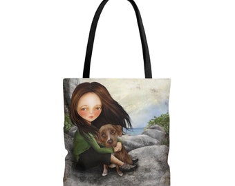 Keli and Olive Purse - Tote Bag - By Jessica von Braun - Three Sizes - Girl with Pet puppy - Pitbull art - Nature Girl Painting