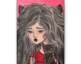 Marian Canvas Print - Gallery Wrap Canvas - Lowbrow Fine Art print by Jessica von Braun - Girl in Pink with Black Cat - Big Eye Girl Art