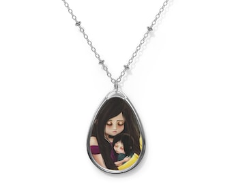 Goodnight Baby Oval Necklace - Pendant - Art by Jessica von Braun - Silver chain -  Mother and Daughter Art - Mommy and Baby Painting