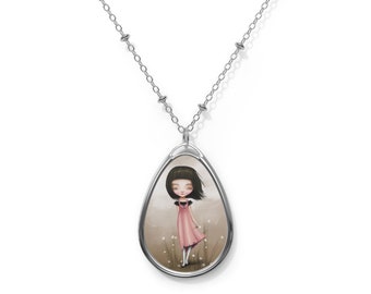 Hazel  - Oval Necklace - Pendant - Art by Jessica von Braun - Silver chain - Little Girl in a pink dress with white flowers