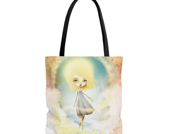 Golden Days - Tote Bag - By Jessica von Braun - Three Sizes - Creepy Cute Pop Lowbrow Art - Girl Celestial Cloud Girl