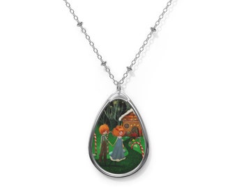 Hansel and Gretel Oval Necklace - Pendant - Art by Jessica von Braun - Silver chain - Fairy tale Candy House Art
