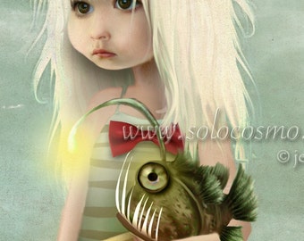 5x7 Print Angler Fish Sea Monster and Little Girl On Beach"My Fishy Friend" Small Sized Premium Hahnemuhle Fine Art Giclee Print