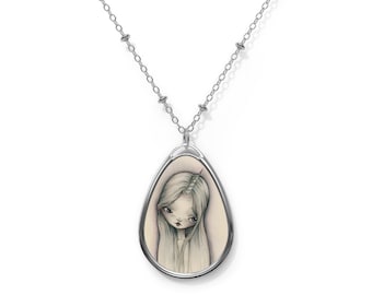 The Last Unicorn - Oval Necklace - Pendant - Art by Jessica von Braun - Silver chain - Watercolor Art Necklace - The Lady Amalthea