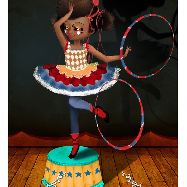 Impresión de bellas artes 5x7 - 'Petit Soeur' - Impresión de arte giclee de tamaño pequeño - Pequeña hermana en el Circo Art Print - Oro, Azul y Rojo