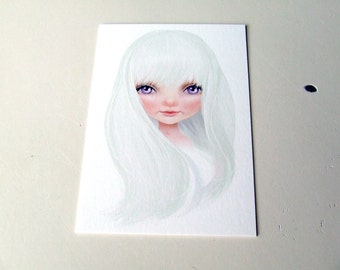 ACEO ATC Artists Trading Card Mini Fine Art Print - 2.5x3.5" - 'Amalthea' - Last Unicorn Inspired Artwork - Big Eye Art - White Lavender