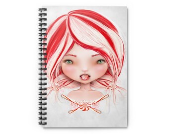 Peppermint - Candy Cane Holiday Girl - Art by Jessica von Braun - Spiral Notebook - Ruled Line