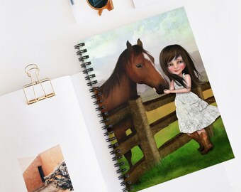 Kate Journal - Art by Jessica von Braun - Spiral Notebook - Ruled Line - Little Girl - Dark Haired Girl with Horse - Horse Farm Girl