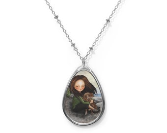 Keli and Olive - Oval Necklace - Pendant - Art by Jessica von Braun - Silver chain - Hiking Girl with Pet Pitbull - Pit Bull Puppy art