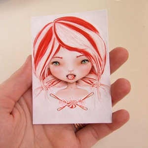 Candy Cane Girl Peppermint ACEO/ATC Artist Trading Card Mini Print 2.5x3.5 by Artist Jessica Grundy image 1