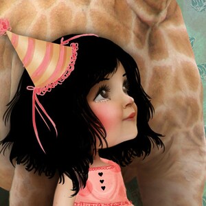 5x7 Fine Art Print - "Forever Friends" - Little Girl and Giraffe - Pink and Green Pastels - Paper Pinwheels - Jessica Grundy Illustration