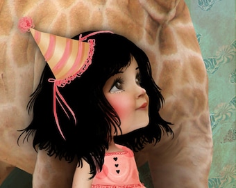 5x7 Fine Art Print - "Forever Friends" - Little Girl and Giraffe - Pink and Green Pastels - Paper Pinwheels - Jessica Grundy Illustration