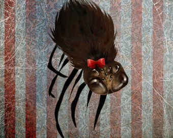 Fine Art Print - "Ms. Spider on her Own" - Medium Sized Giclee Print - 8x10 - 11x17  - Cute Little Spider with a Red Bow