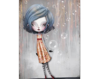Girl 32 - Fantasy Gallery Wrap Canvas print - Fine Art print by Jessica von Braun - Pop Lowbrow Art - Canvas - Blue and Grey Girl