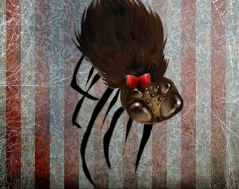 ACEO ATC Artists Trading Card - 'Ms. Spider on her Own' - Mini Fine Art Giclee Print 2.5x3.5" - Cute Spider with Red Bow