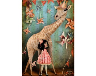 Forever Friends - Poster - Matte Vertical Posters - Multi Sized - Fine Art Print - Jessica von Braun - Giraffe and Birthday Girl