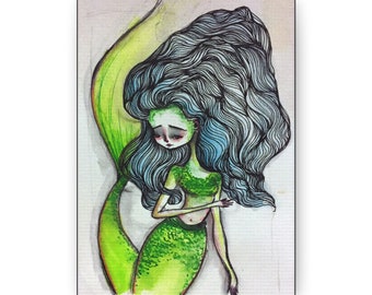 Mermaid in Green and Blue Canvas Print - Gallery Wrap Canvas - Lowbrow Fine Art print - Jessica von Braun - Watercolor Mermaid Siren Art