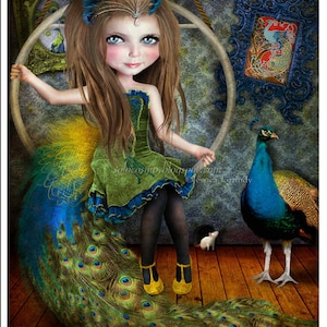 5x7 Art Print - "Little Bird" - Circus Performer Girl Pretty Little Peacock - Small Fine Art Giclee Print of Digital Collage Illustration