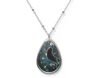 Daughter of the Sky Mermaid Necklace - Oval Necklace - Pendant - Art by Jessica von Braun - Silver chain
