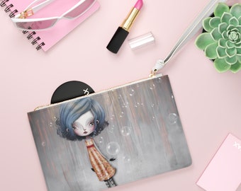 Girl 34 Flower Clutch - Art bag by Jessica von Braun - Vegan bag - Money Bag - Change Purse - Blue and Grey girl with bubbles and flowers
