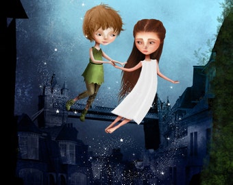 Peter Pan and Wendy Darling -  Fine Art Print 8.5x11 or 8x10 or 11x17 Premium Giclee Art Print - Fantasy illustration by Jessica von Braun