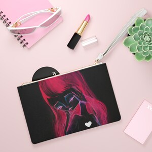 Girl Inverted Clutch - Art bag by Jessica von Braun - Vegan bag - Money Bag - Change Purse - Watercolor Painting Girl with Neon Pink Hair