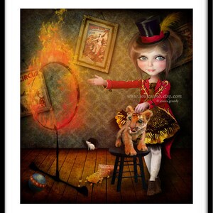 Fine Art Print Ring of Fire Medium Size 8.5x11 / 8x10 Digital Collage Lowbrow Art Circus Performer Girl Tiger Tamer image 5