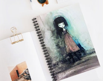 Kitty Journal - Art by Jessica von Braun - Spiral Notebook - Ruled Line - Little Girl - Creepy Cute Watercolor Art