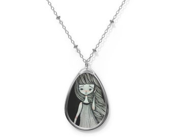 Isolde - Oval Necklace - Pendant - Art by Jessica von Braun - Silver chain - Black and White Drawing