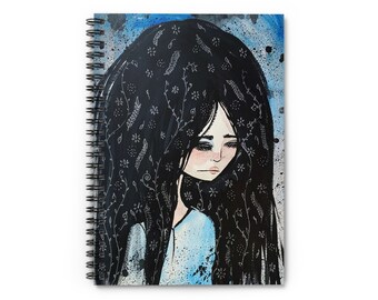 Freya Watercolor Journal - Art by Jessica von Braun - Spiral Notebook - Ruled Line - Blue and Flower Girl Drawing - 70's Style