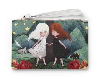 Snow White and Rose Red Clutch - Art bag by Jessica von Braun - Vegan bag - Money Bag - Change Purse - Fairy Tale Sisters Art