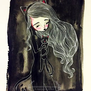 Medium Sized Giclee Art Print - 'Cat II' - 8x10 - 11xx17 sized art prints - Catsuit Girl - Cat Print - Ink Watercolor Painting