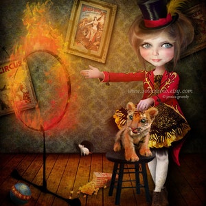 Fine Art Print "Ring of Fire" Medium Size 8.5x11 / 8x10  Digital Collage  Lowbrow Art Circus Performer Girl Tiger Tamer