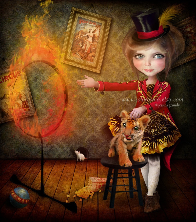 Fine Art Print Ring of Fire Medium Size 8.5x11 / 8x10 Digital Collage Lowbrow Art Circus Performer Girl Tiger Tamer image 1