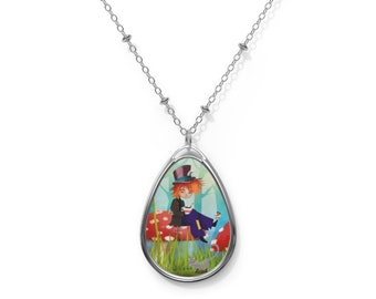 The Hatter  - Oval Necklace - Pendant - Art by Jessica von Braun - Silver chain - Alice in Wonderland Art
