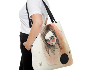 Lady Purse - Tote Bag - By Jessica von Braun - Three Sizes - Little Girl - Watercolor Girl Painting - Pink background - black polka dots