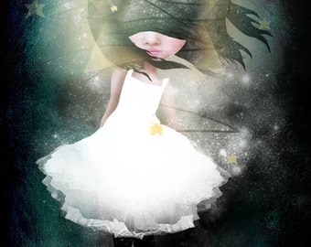 Fine Art Print - "Falling" - 8x10, 8.5x11, 11x17 Giclee Print of Original Artwork - Little Falling Star Girl - Jessica von Braun