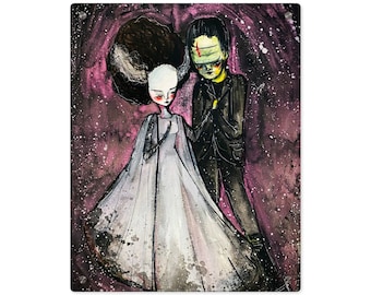 The Monster and His Bride Acrylic Wall Art Panel - Ready to Hang Acrylic Print by Jessica von Braun - Solocosmo Art - Bride of Frankenstein
