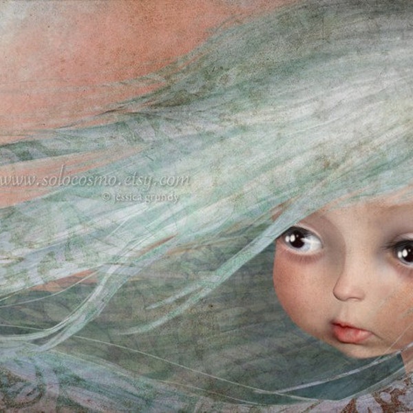 Little Girl with Baby Blue Hair Sweet Child Print "Winter"  All sizes available Giclee Print of Original digital Painting