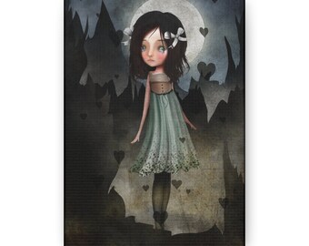 Jagged Canvas Print - Gallery Wrap Canvas print - Fine Art print by Jessica von Braun - Pop Lowbrow Art - Dark Haired Girl with Hearts