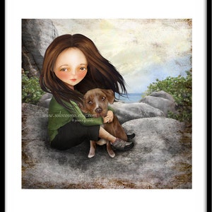 Brown Haired Girl with Pitbull Puppy Print Keli and Olive Fine Art 8x10 11x17 Premium Giclee Print of Digital Painting Girl and Dog image 3