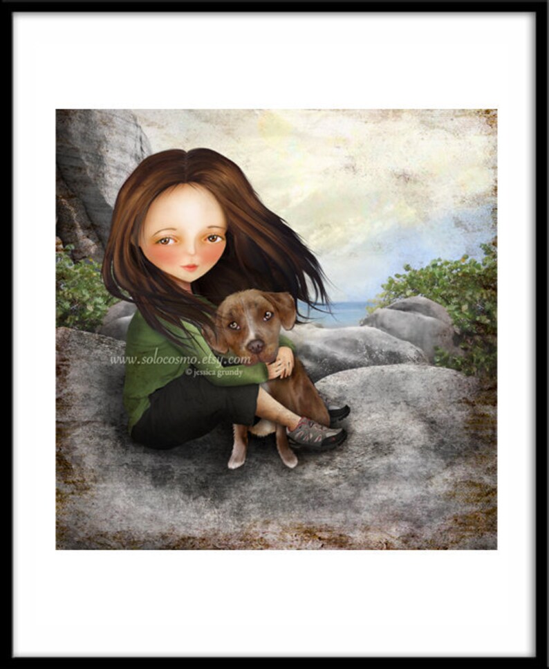 Brown Haired Girl with Pitbull Puppy Print Keli and Olive Fine Art 8x10 11x17 Premium Giclee Print of Digital Painting Girl and Dog image 3