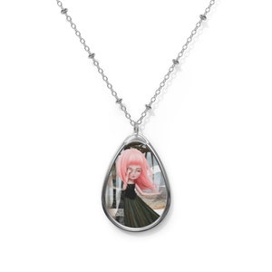 Dreamseeker - Oval Necklace - Pendant - Art by Jessica von Braun - Silver chain -  Little Girl with Pink Hair in the Woods