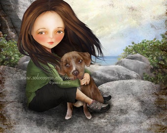 Brown Haired Girl with Pitbull Puppy Print "Keli and Olive" Fine Art 8x10 - 11x17 Premium Giclee Print of Digital Painting - Girl and Dog