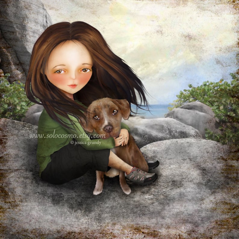 Brown Haired Girl with Pitbull Puppy Print Keli and Olive Fine Art 8x10 11x17 Premium Giclee Print of Digital Painting Girl and Dog image 1