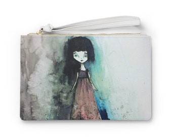 Kitty Clutch - Art bag by Jessica von Braun - Vegan bag - Money Bag - Change Purse - Creepy Cute Girl Watercolor
