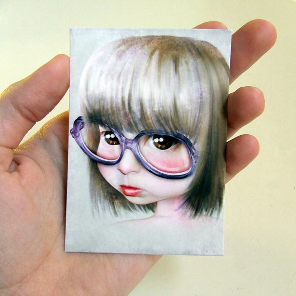 ACEO/ATC Mini Fine Art Print "Imperfect - Portrait of the Artist as a Child" Artist Trading Card 2.5x3.5 - Little Girl Huge Glasses