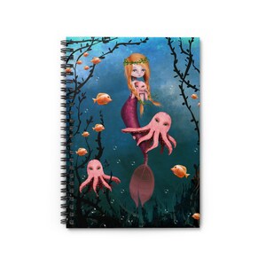 May include: Spiral-bound notebook featuring a whimsical underwater scene. A mermaid with red hair and a purple tail is depicted with an octopus and small fish. The background is a deep blue with aquatic plants, creating a fantasy theme.